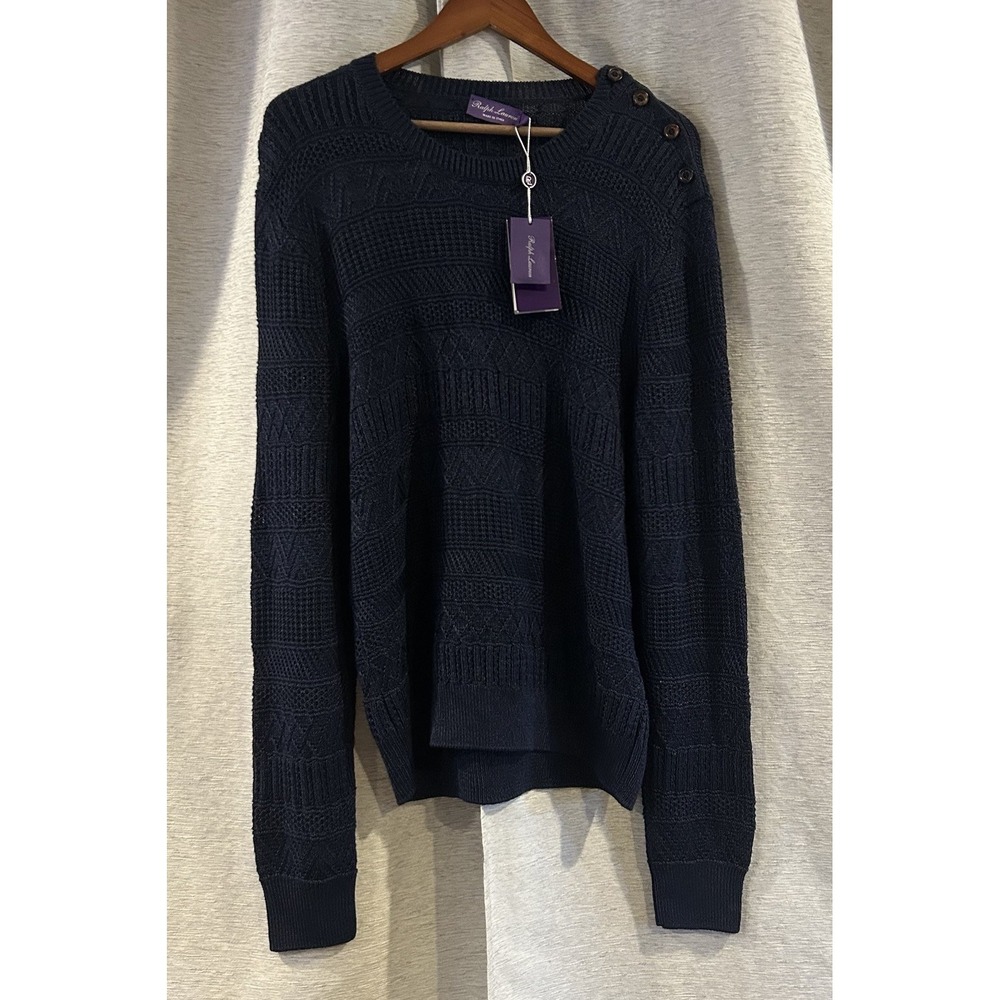 Ralph Lauren Purple Label Sweater Mens XL Blue Aran Knit Silk Cotton $1295‎